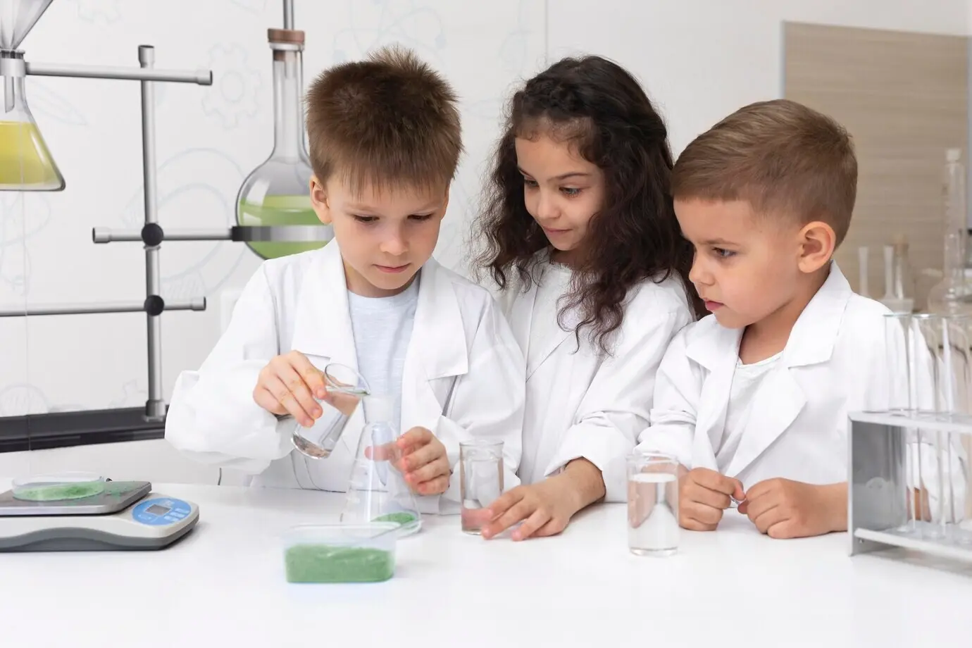 Neugierige Kinder führen in der Schule ein Chemieexperiment durch.
